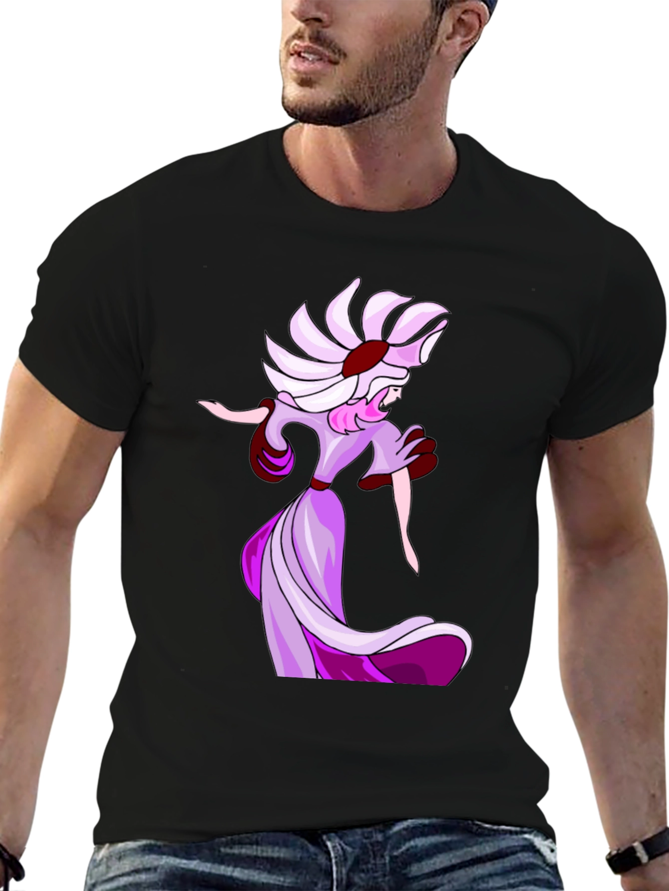 Elegant Cartoon Lady Black T-Shirt