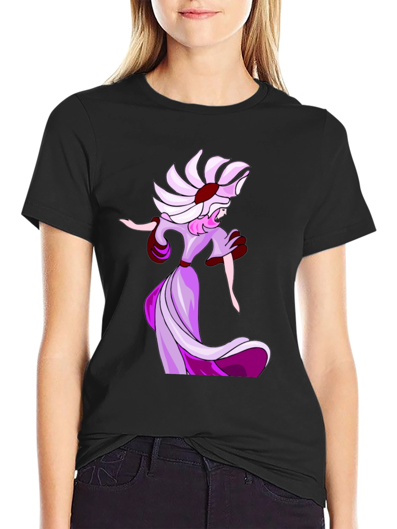 Elegant Cartoon Lady Black T-Shirt