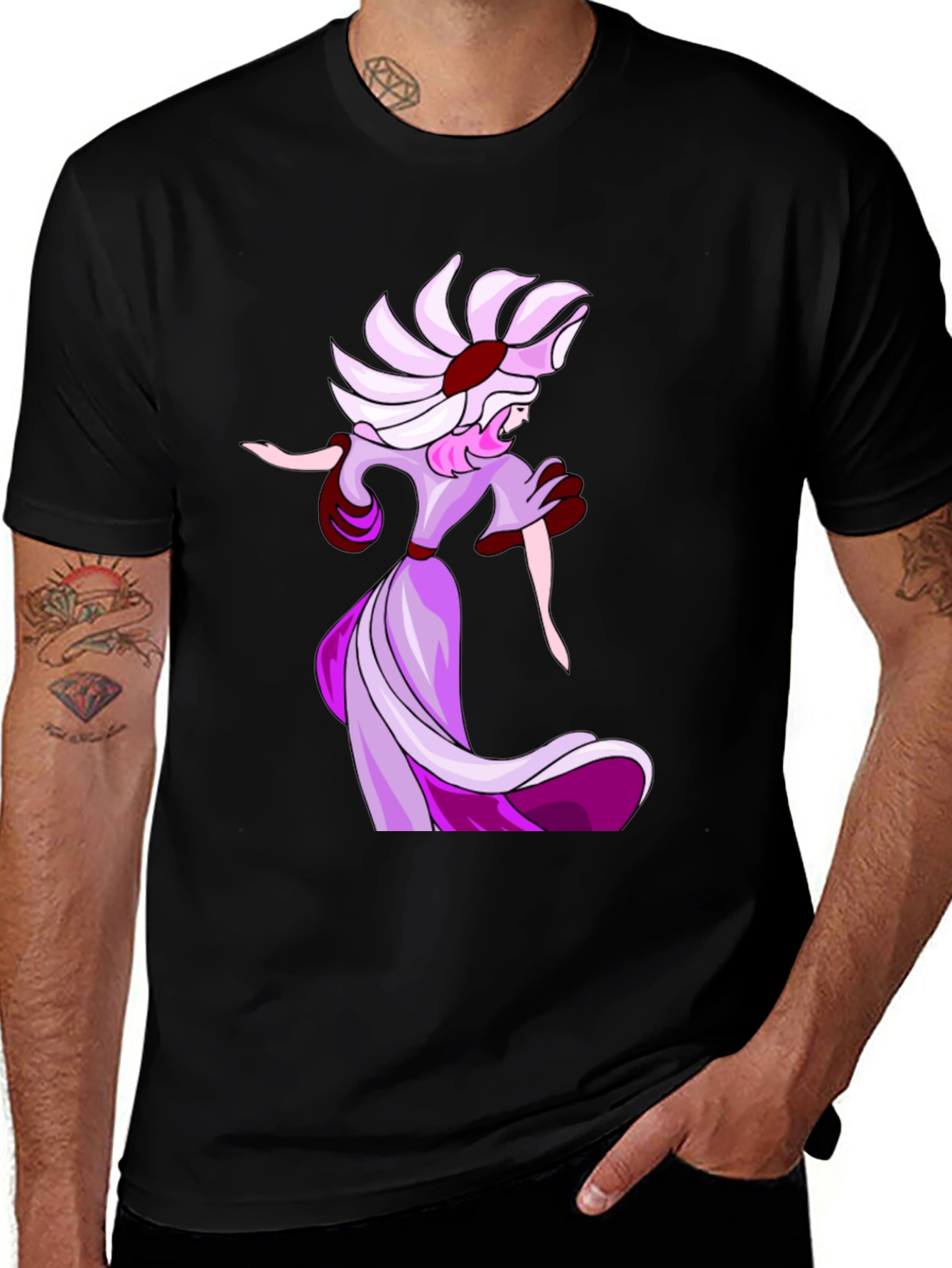 Elegant Cartoon Lady Black T-Shirt