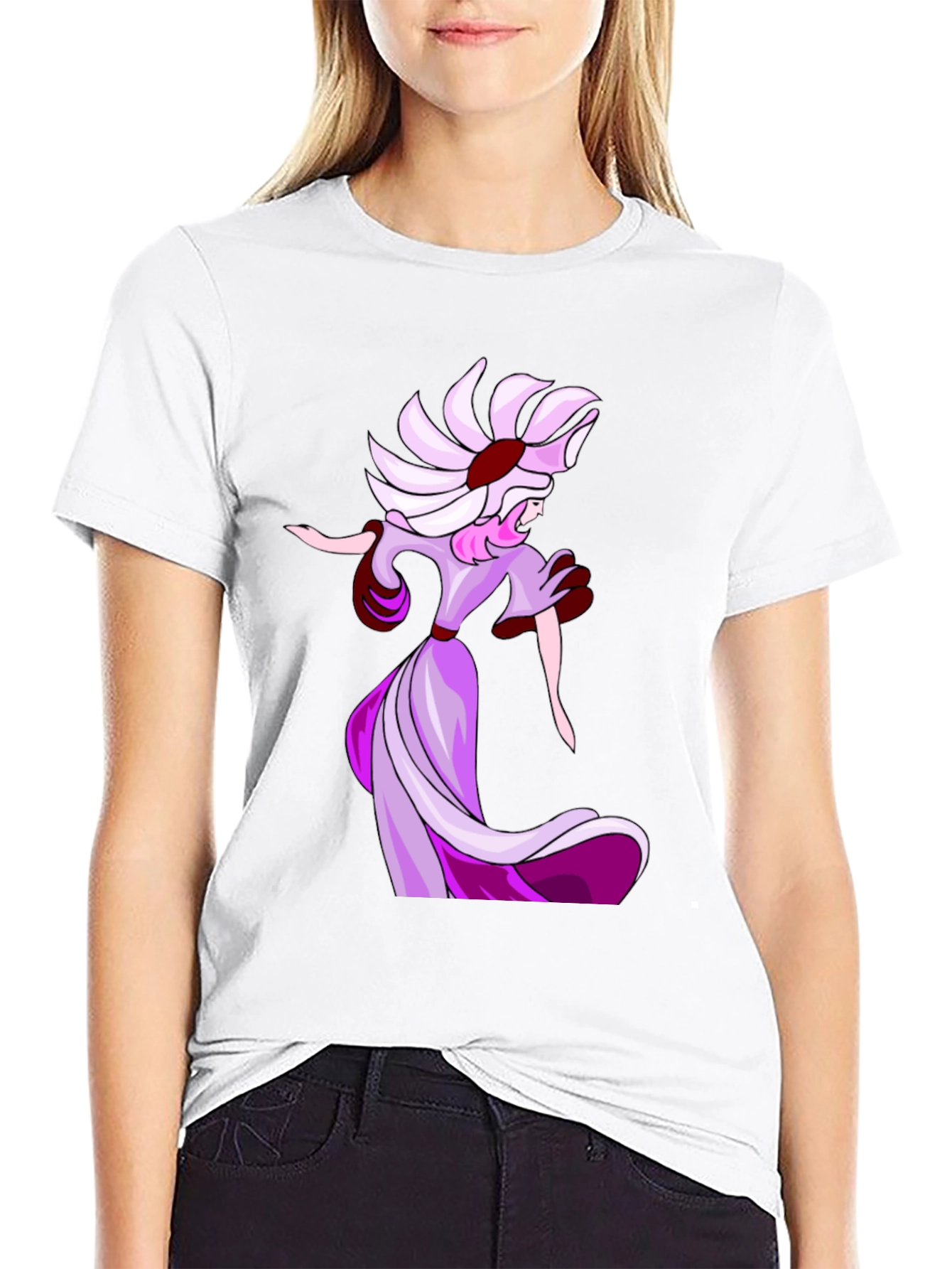 Elegant Cartoon Lady Black T-Shirt