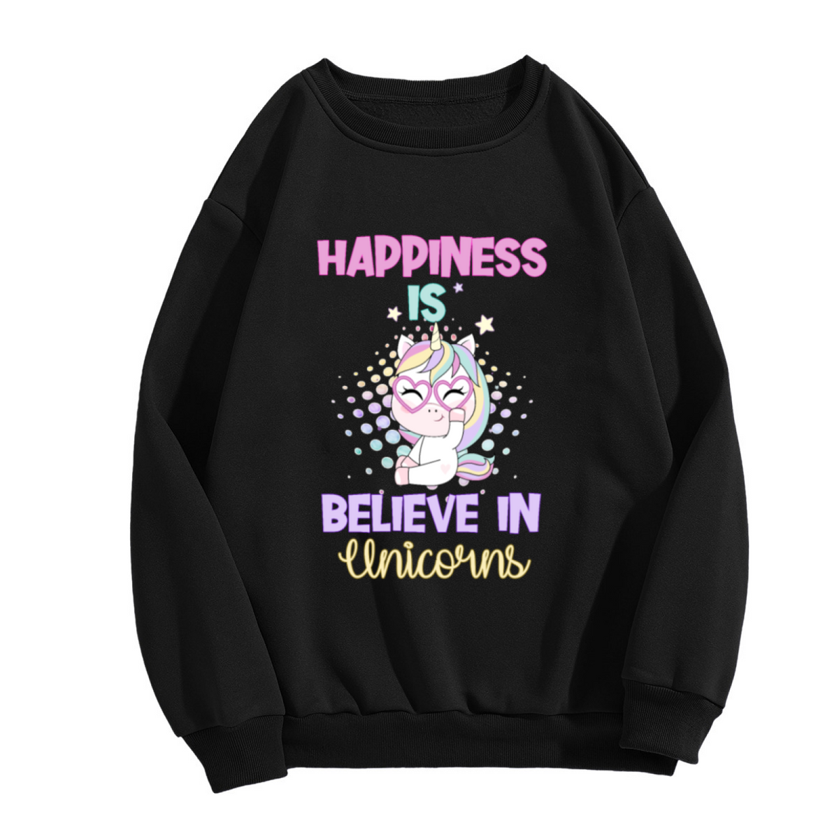 Happiness Is Believe in Unicorns Sweatshirt - Cute Unicorn Heart Glasses Crewneck, Kawaii Magical Pullover, Unicorn Lover Gift Sweatshirt, Dreamy Top