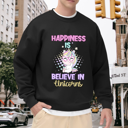 Happiness Is Believe in Unicorns Sweatshirt - Cute Unicorn Heart Glasses Crewneck, Kawaii Magical Pullover, Unicorn Lover Gift Sweatshirt, Dreamy Top