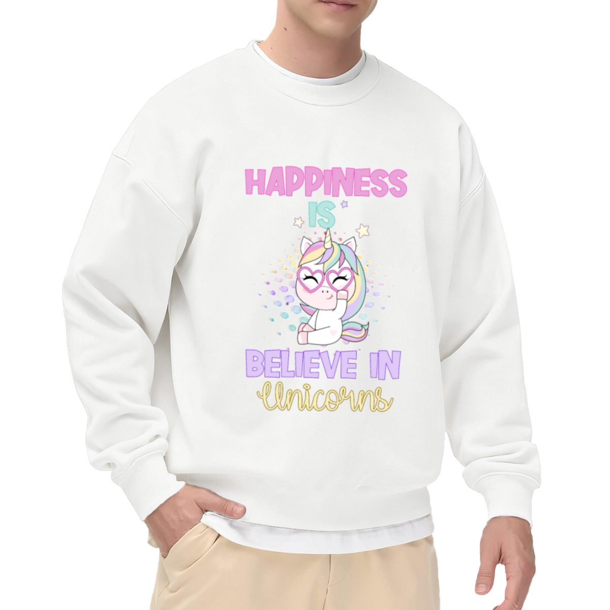 Happiness Is Believe in Unicorns Sweatshirt - Cute Unicorn Heart Glasses Crewneck, Kawaii Magical Pullover, Unicorn Lover Gift Sweatshirt, Dreamy Top