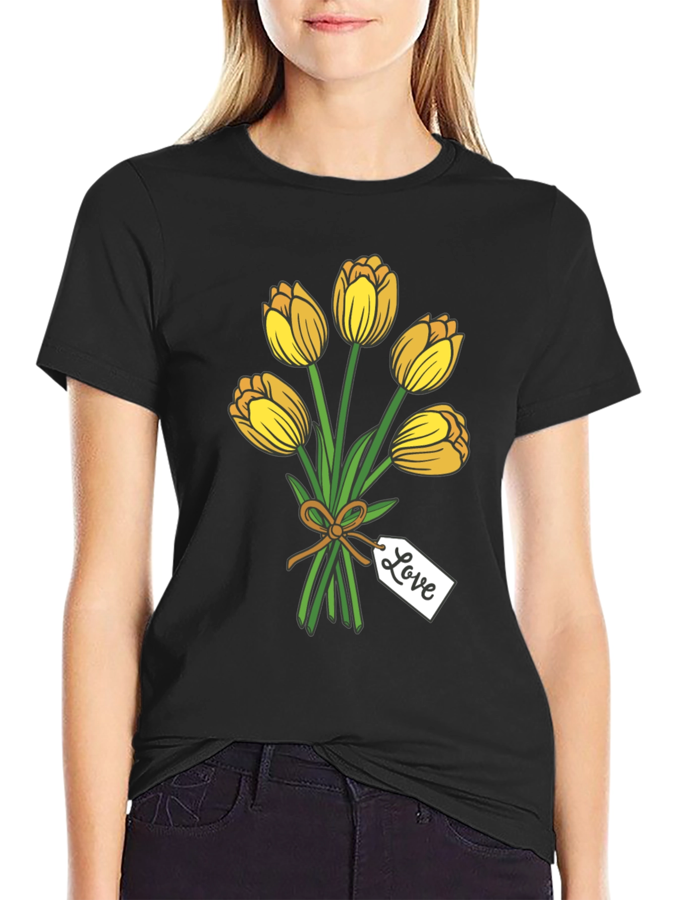 Tulip Bouquet Graphic Tee - Stylish Black T-Shirt