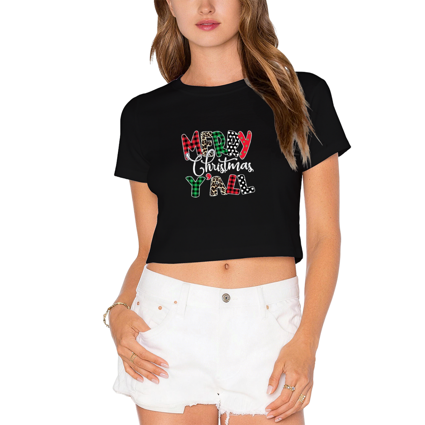 Merry Christmas Y¡¯all Leopard Plaid Letter Crop Tee