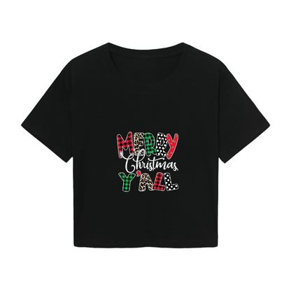 Merry Christmas Y¡¯all Leopard Plaid Letter Crop Tee