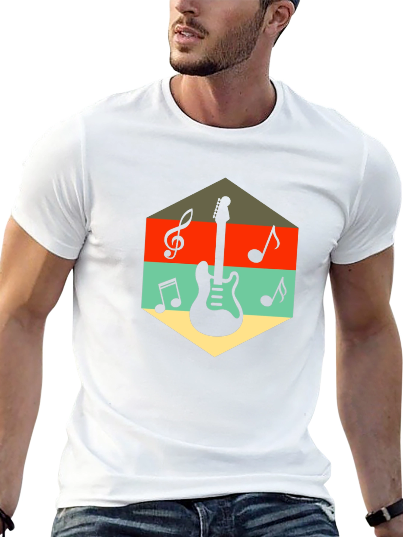 Retro Guitar & Music Note Graphic T-Shirt
