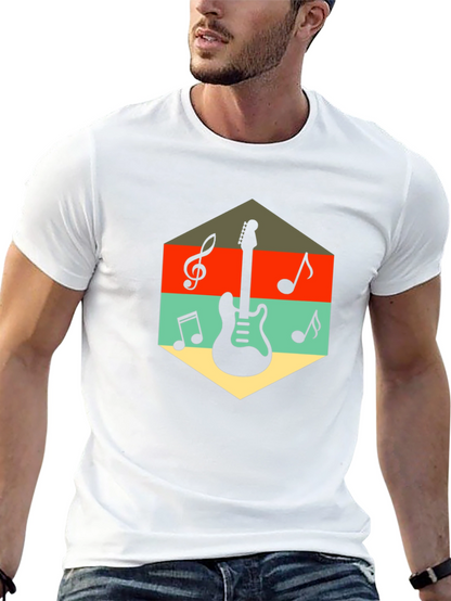 Retro Guitar & Music Note Graphic T-Shirt