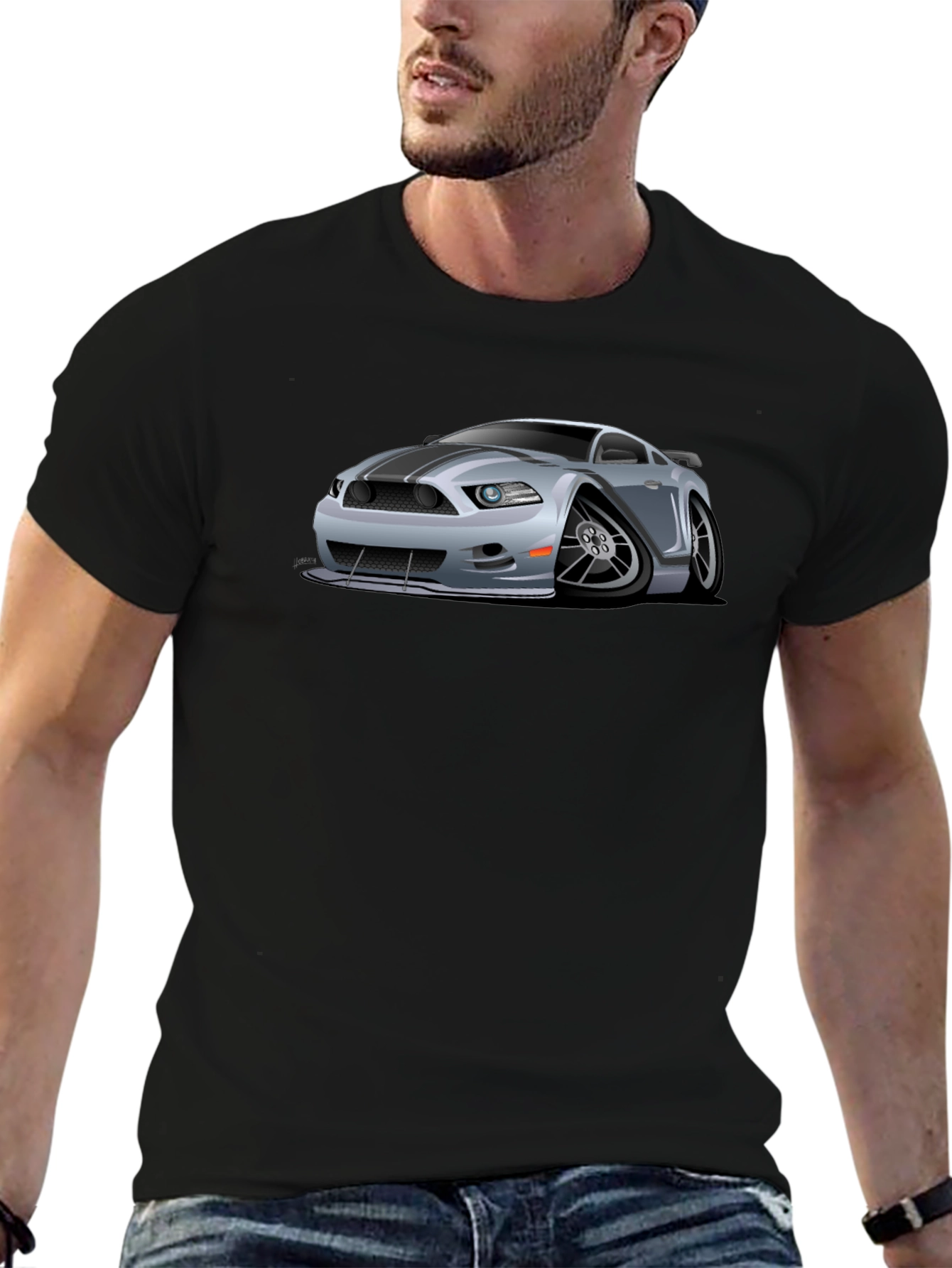Car Cartoon Graphic Print Black T-Shirt