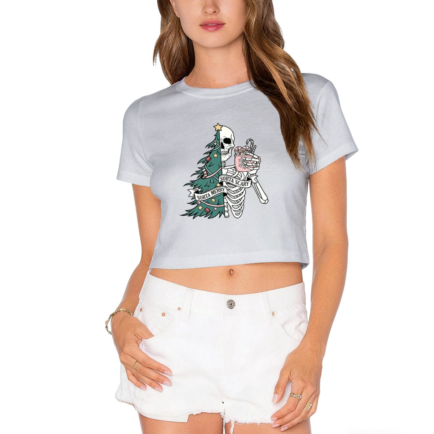Sorta Merry Sorta Scary Skeleton Spooky Christmas Crop Top