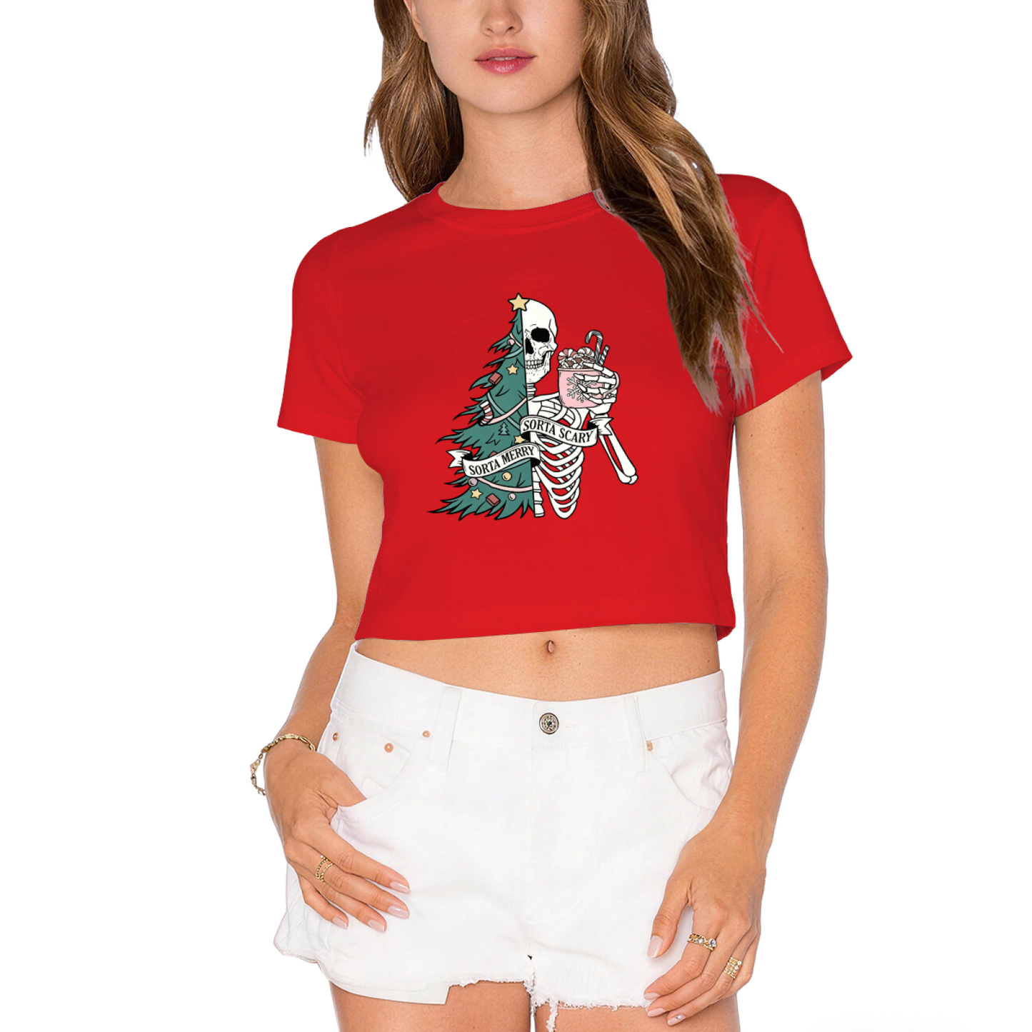 Sorta Merry Sorta Scary Skeleton Spooky Christmas Crop Top