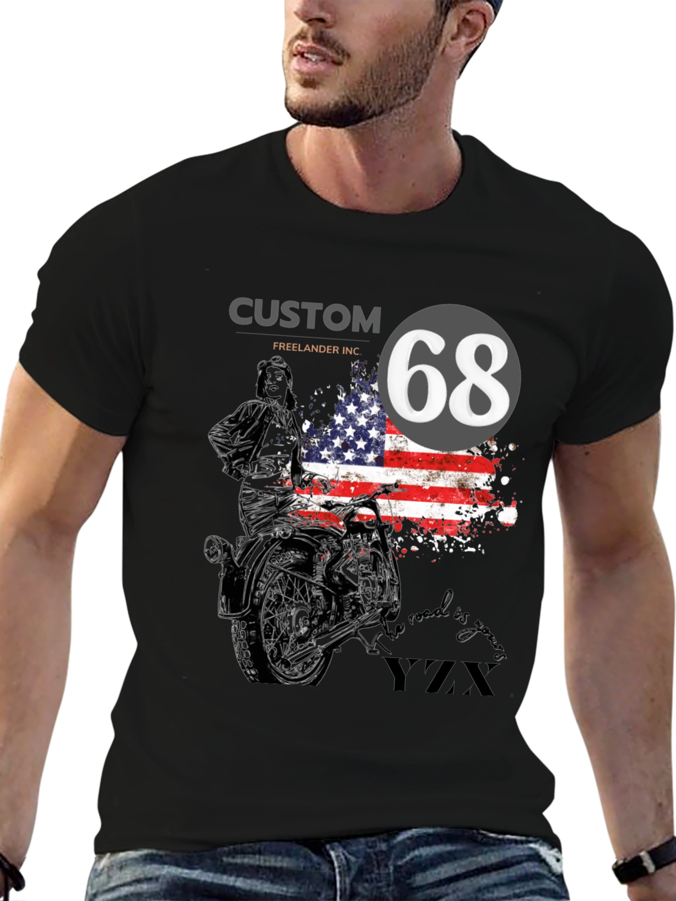 Custom 68 American Flag Motorcycle T-Shirt