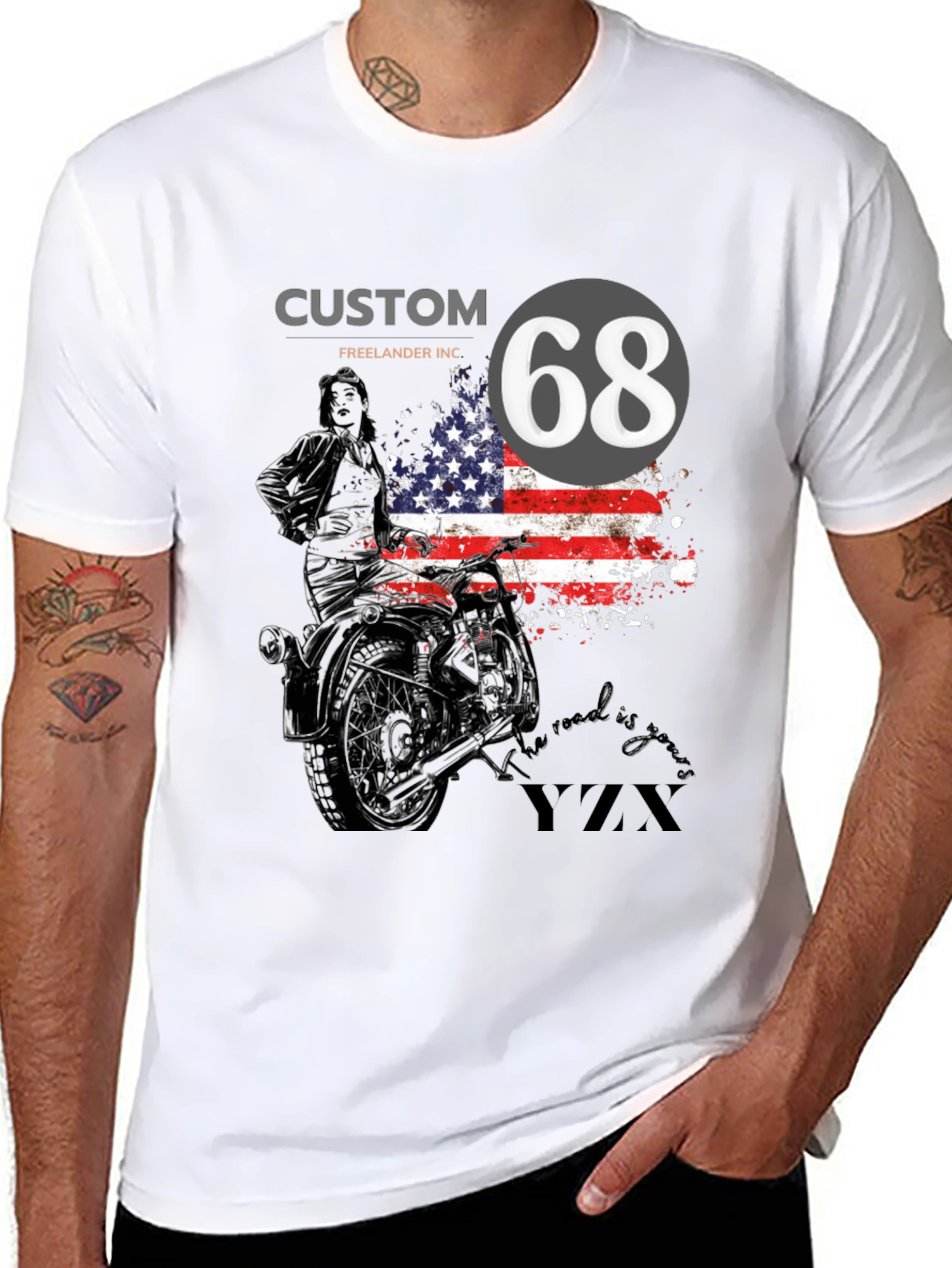 Custom 68 American Flag Motorcycle T-Shirt