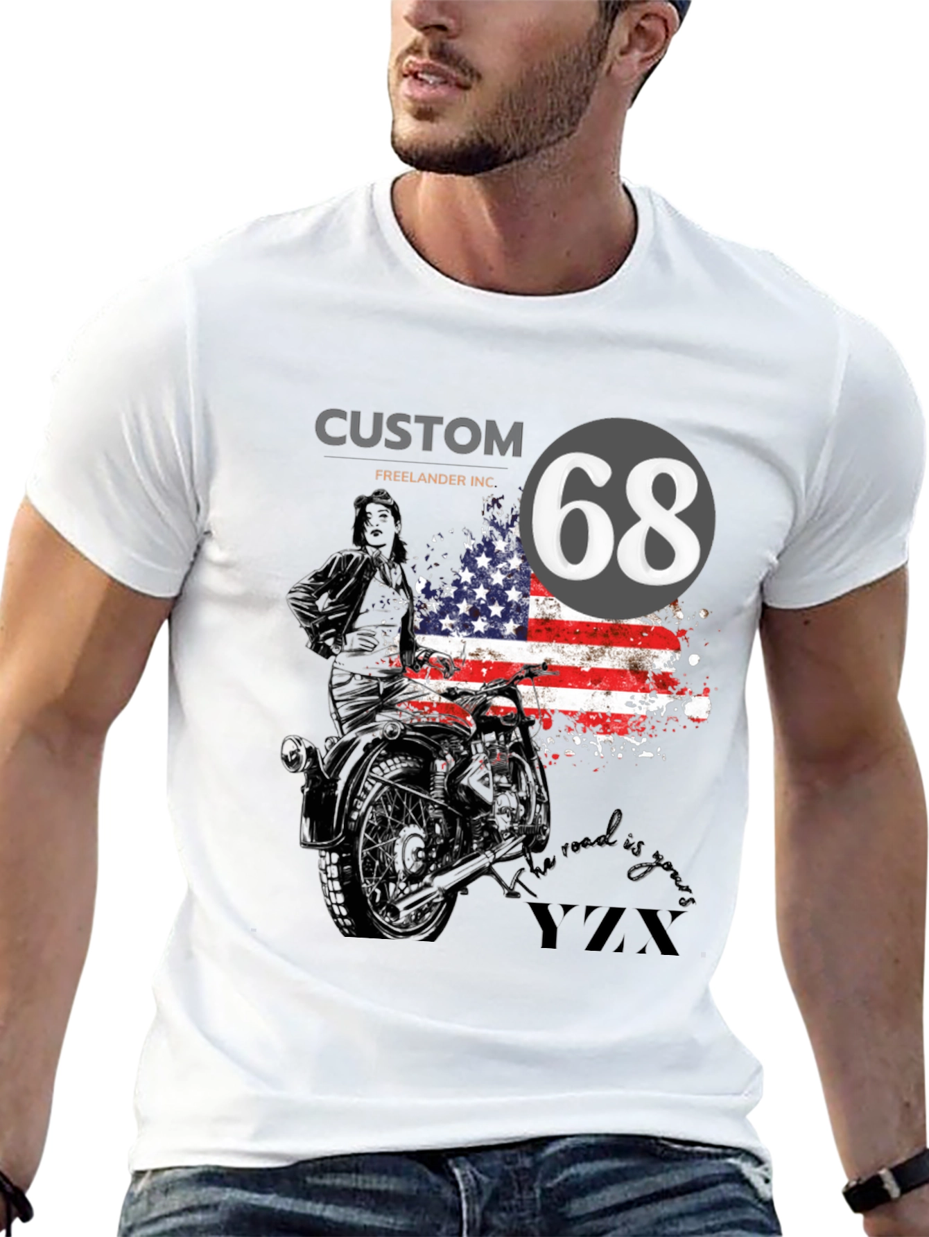 Custom 68 American Flag Motorcycle T-Shirt