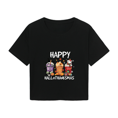 Happy Hallothanksmas Festive Drink Cup Cropped T?Shirt