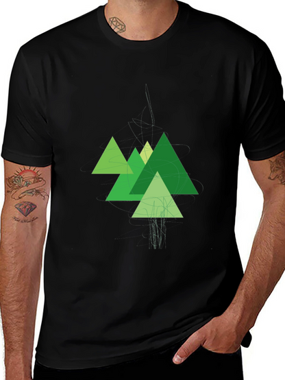 Geometric Green Mountains Black T-Shirt