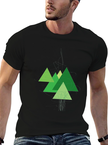 Geometric Green Mountains Black T-Shirt