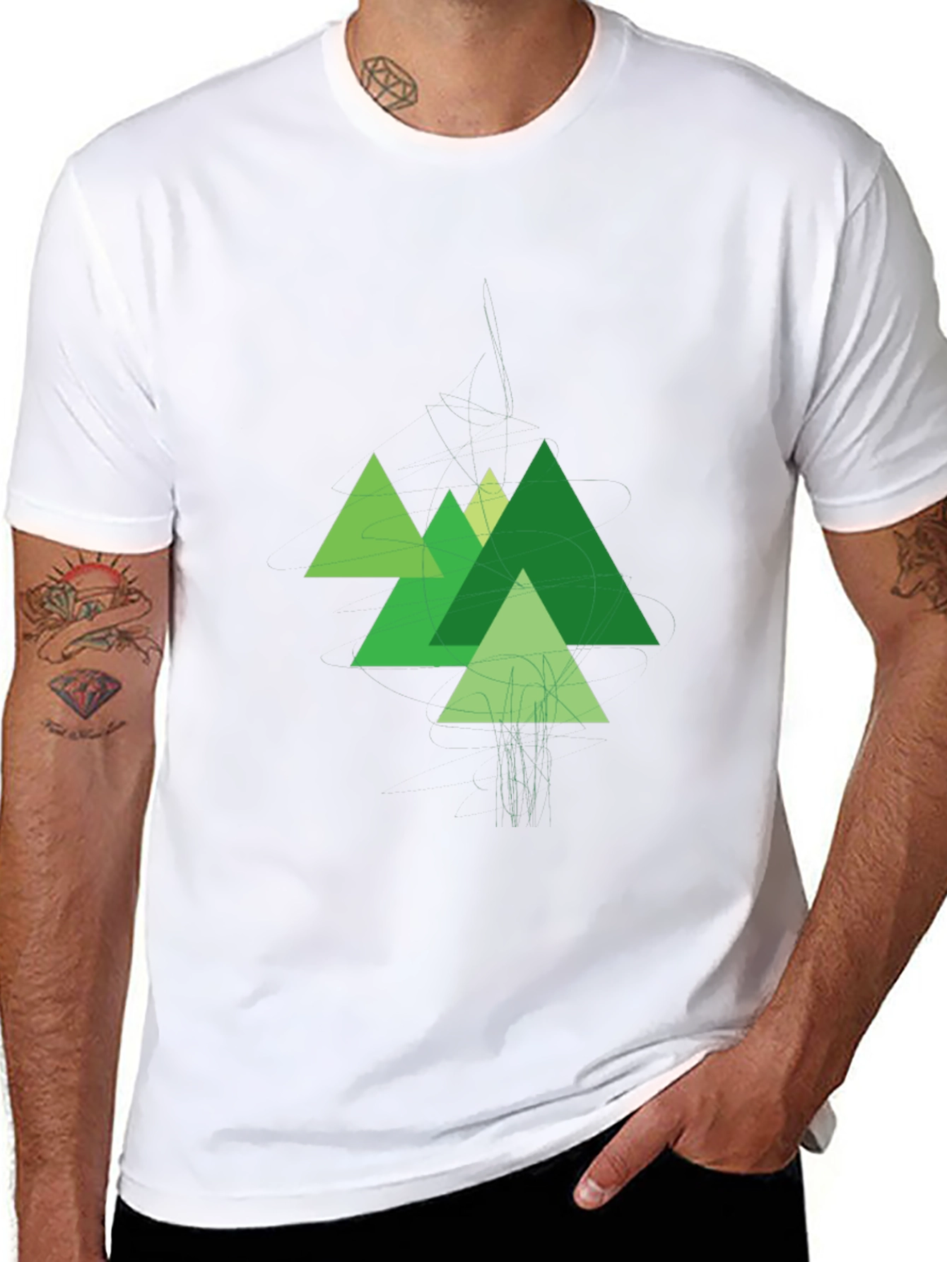 Geometric Green Mountains Black T-Shirt