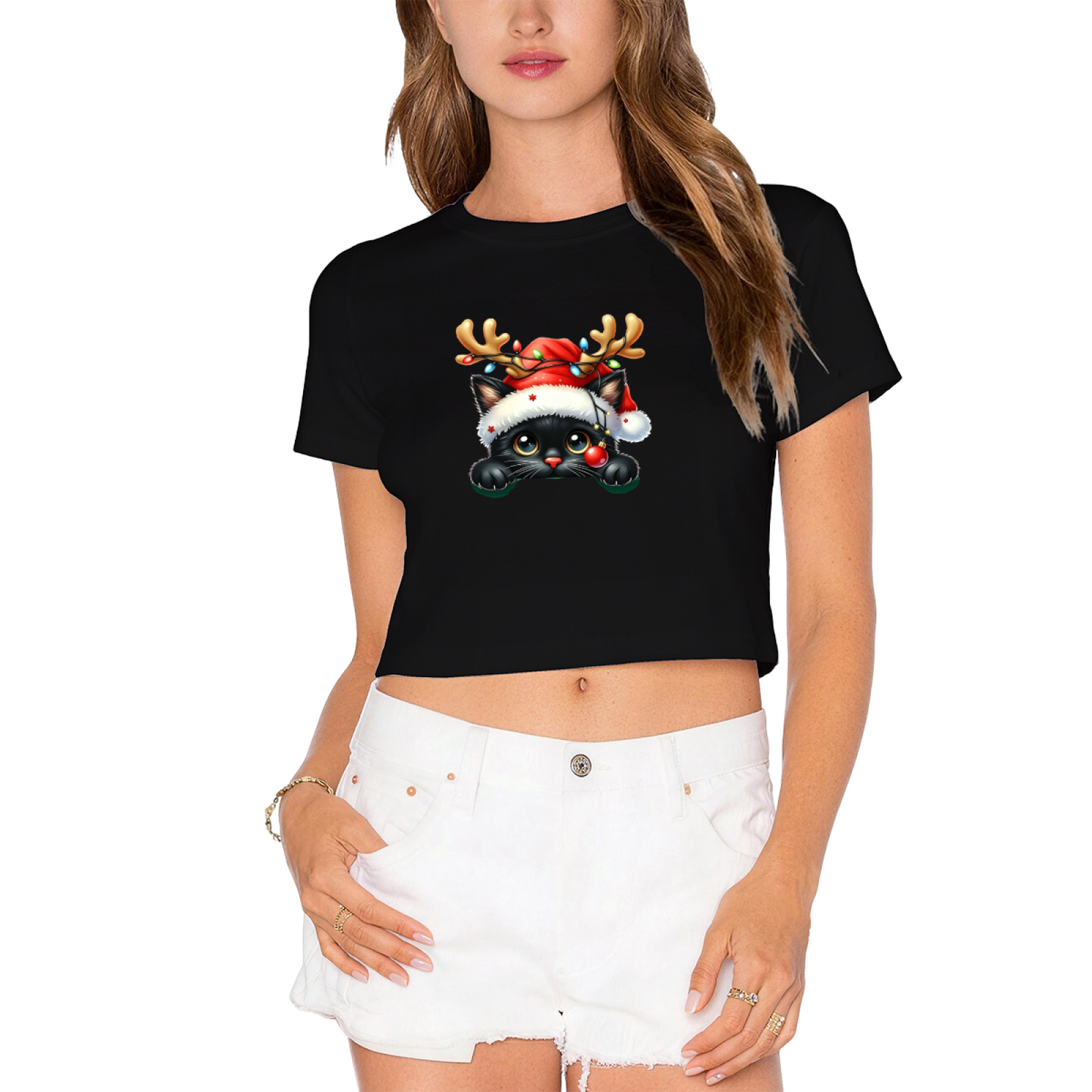 Adorable Reindeer?Hat Black Kitty Christmas Crop Top