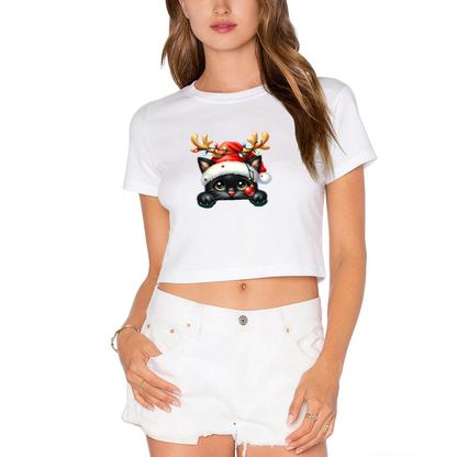 Adorable Reindeer?Hat Black Kitty Christmas Crop Top