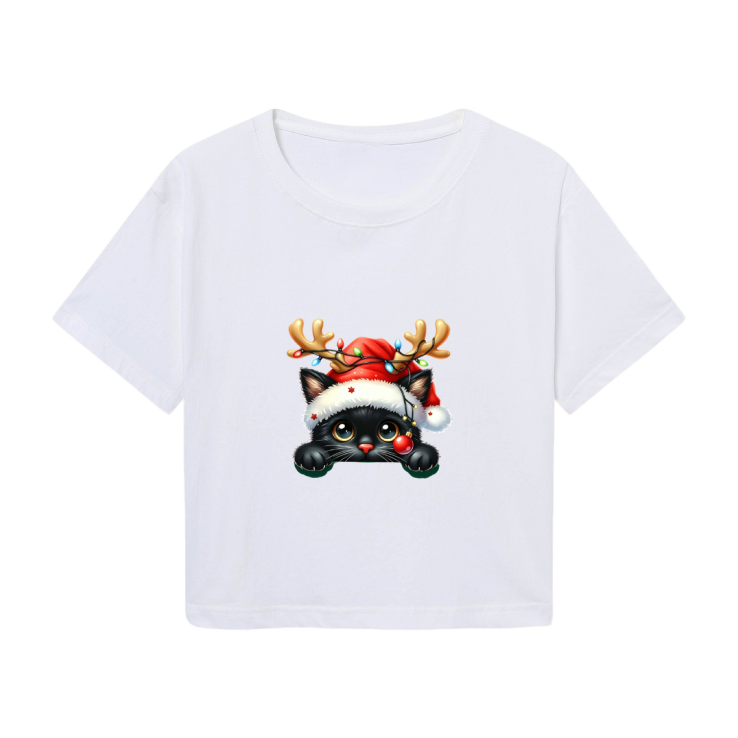 Adorable Reindeer?Hat Black Kitty Christmas Crop Top