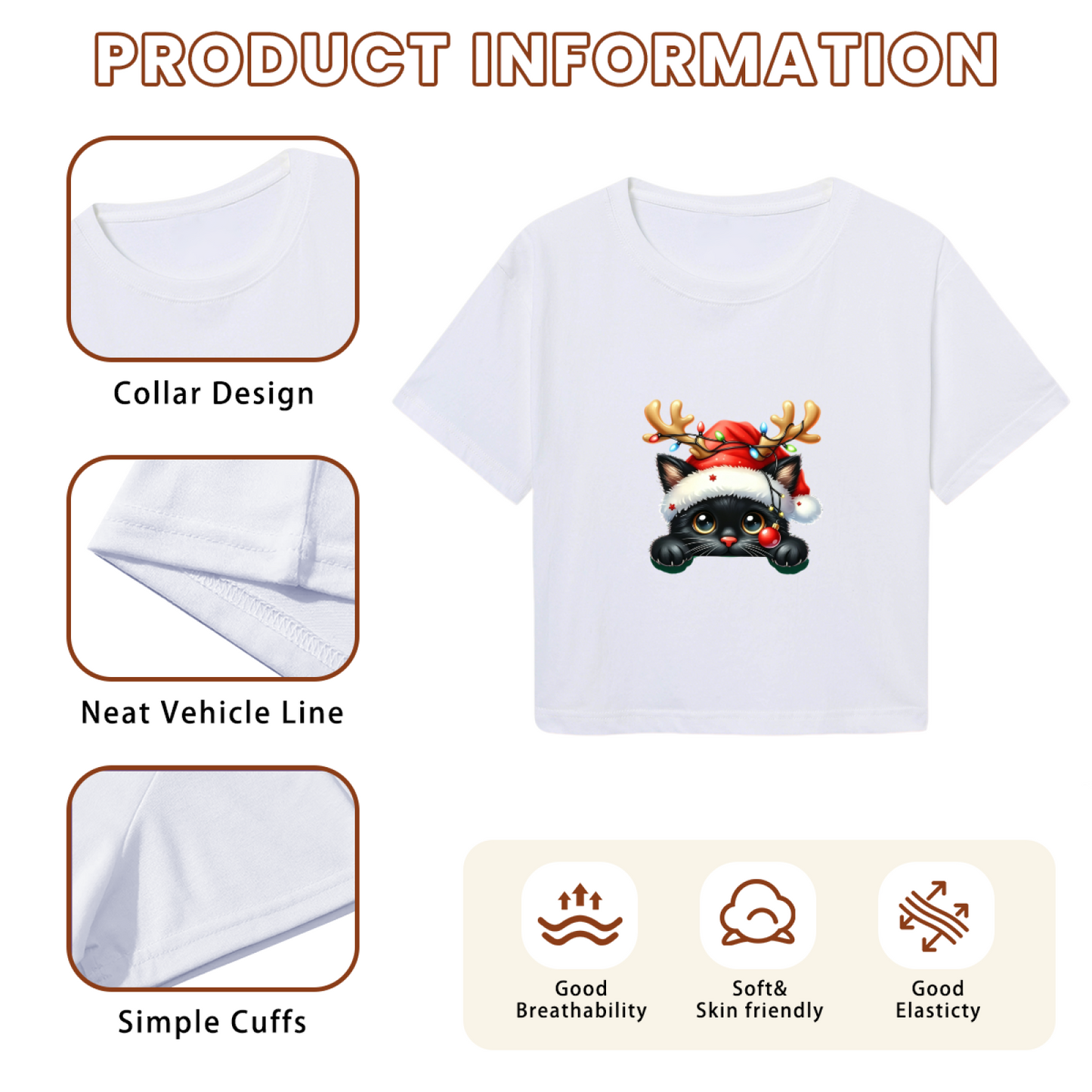 Adorable Reindeer?Hat Black Kitty Christmas Crop Top