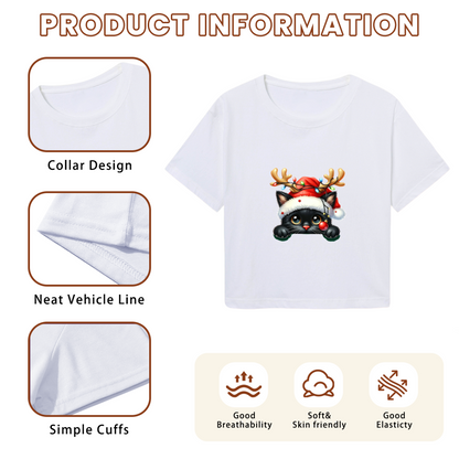 Adorable Reindeer?Hat Black Kitty Christmas Crop Top
