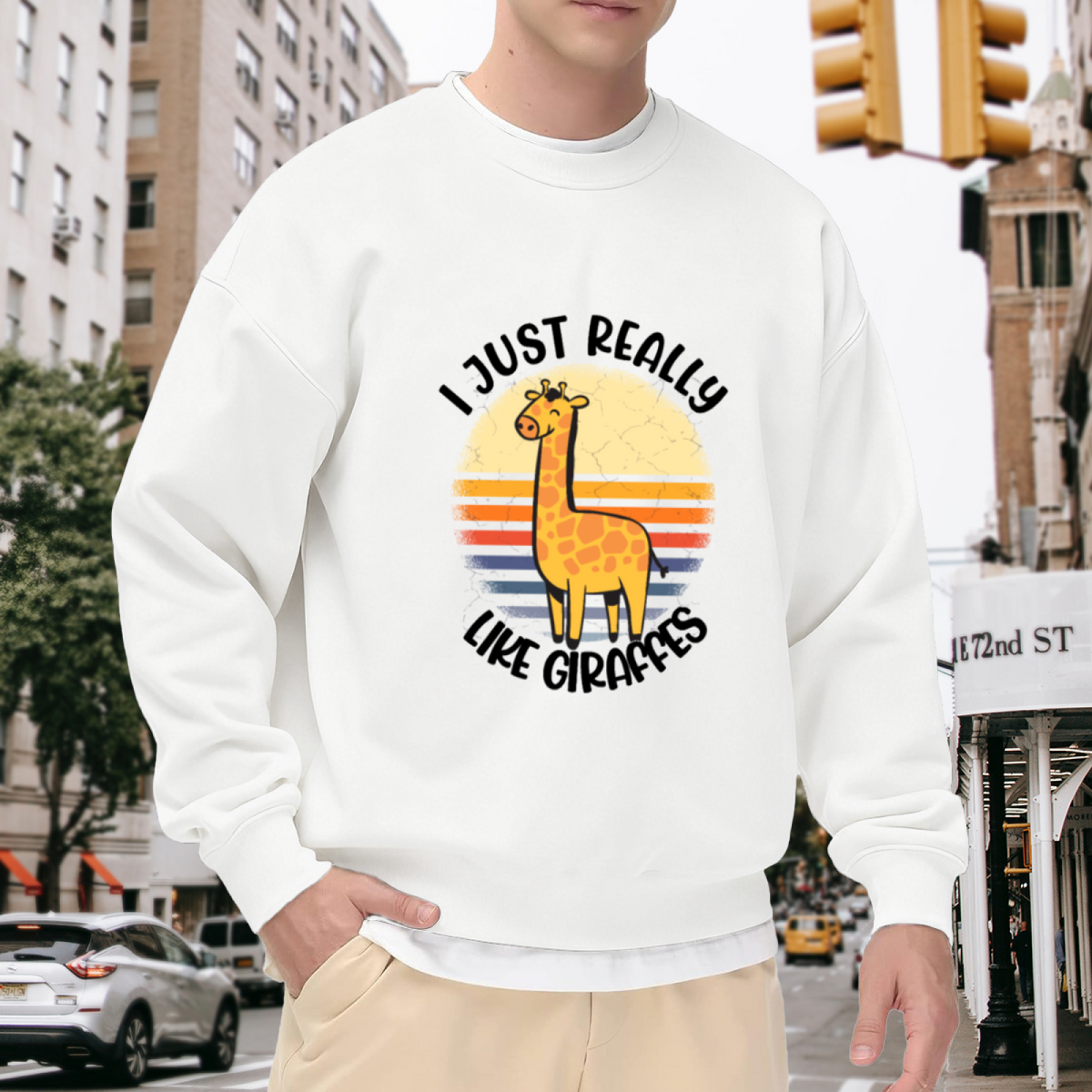 I Just Really Like Giraffes Crewneck Sweatshirt - Funny Animal Lover Retro Sunset Pullover