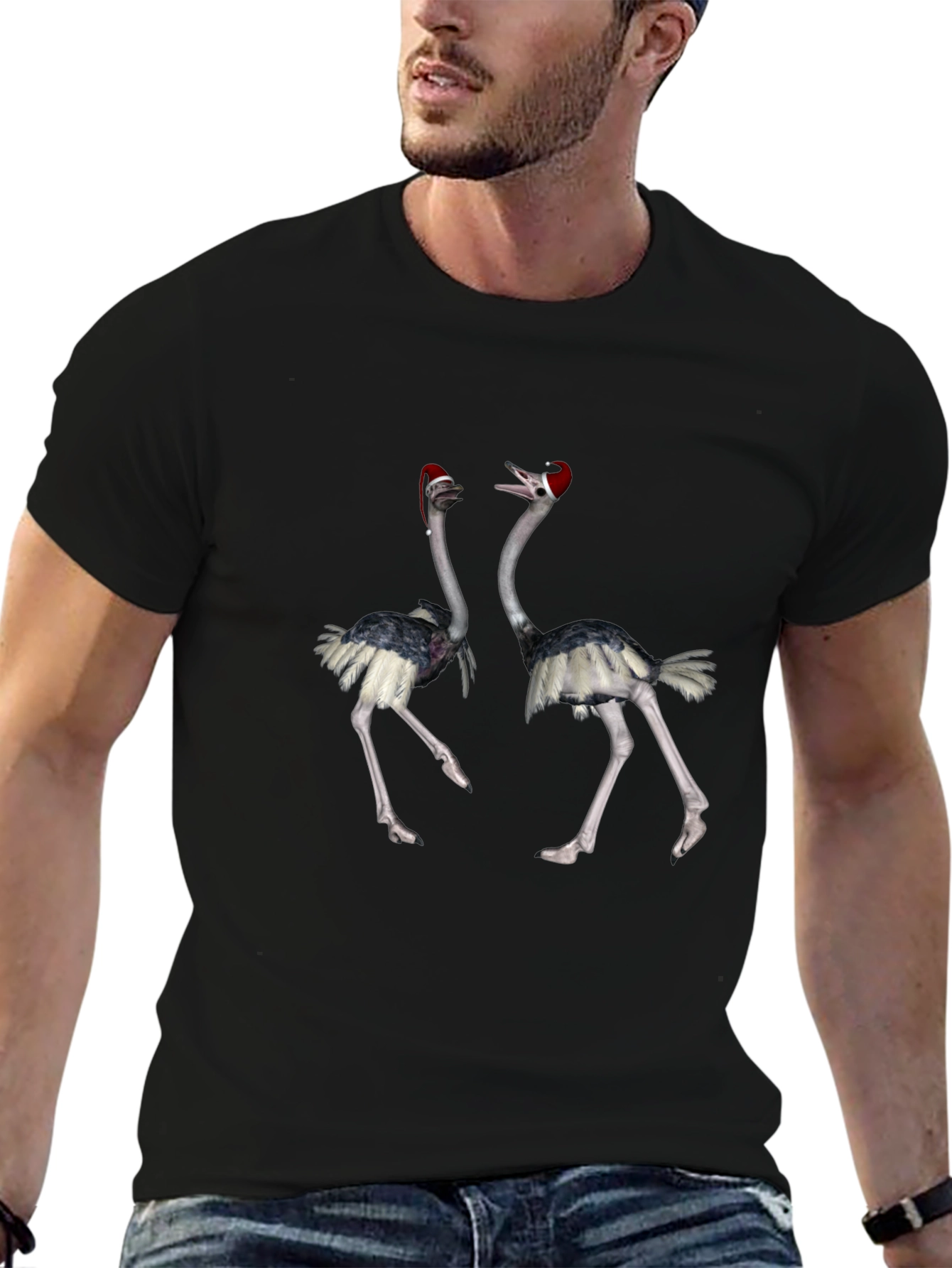 Ostrich Santa Hat Black T-Shirt