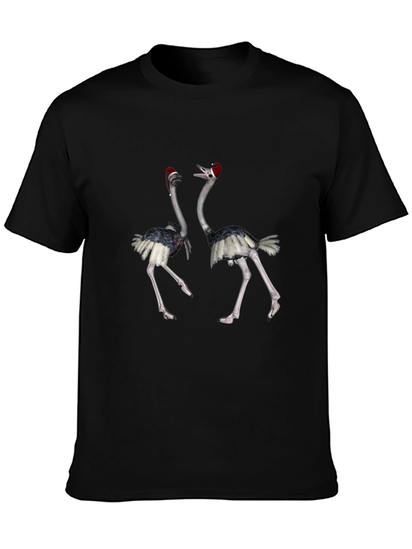 Ostrich Santa Hat Black T-Shirt