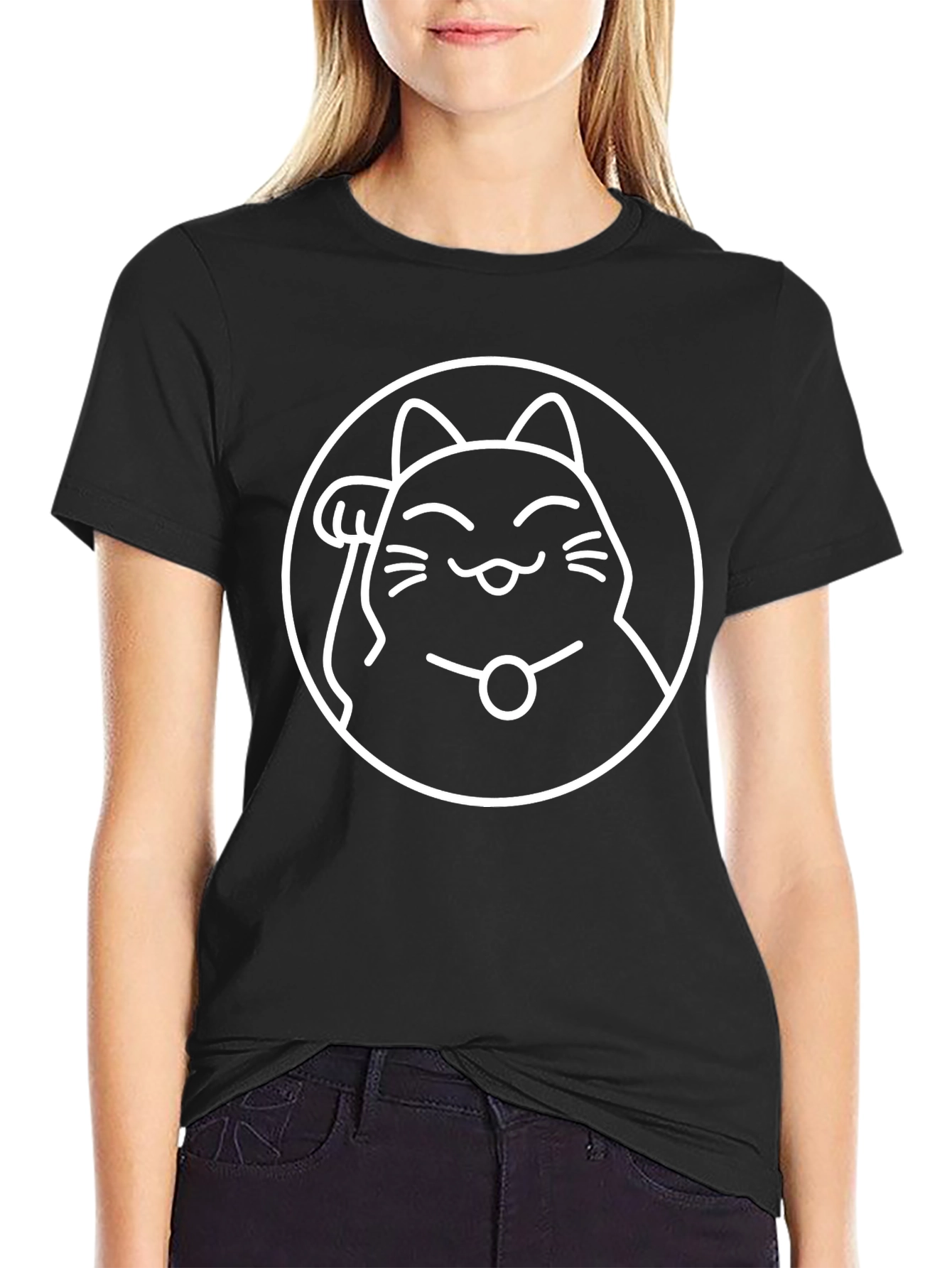Lucky Cat Graphic Tee - Black Cotton T-Shirt
