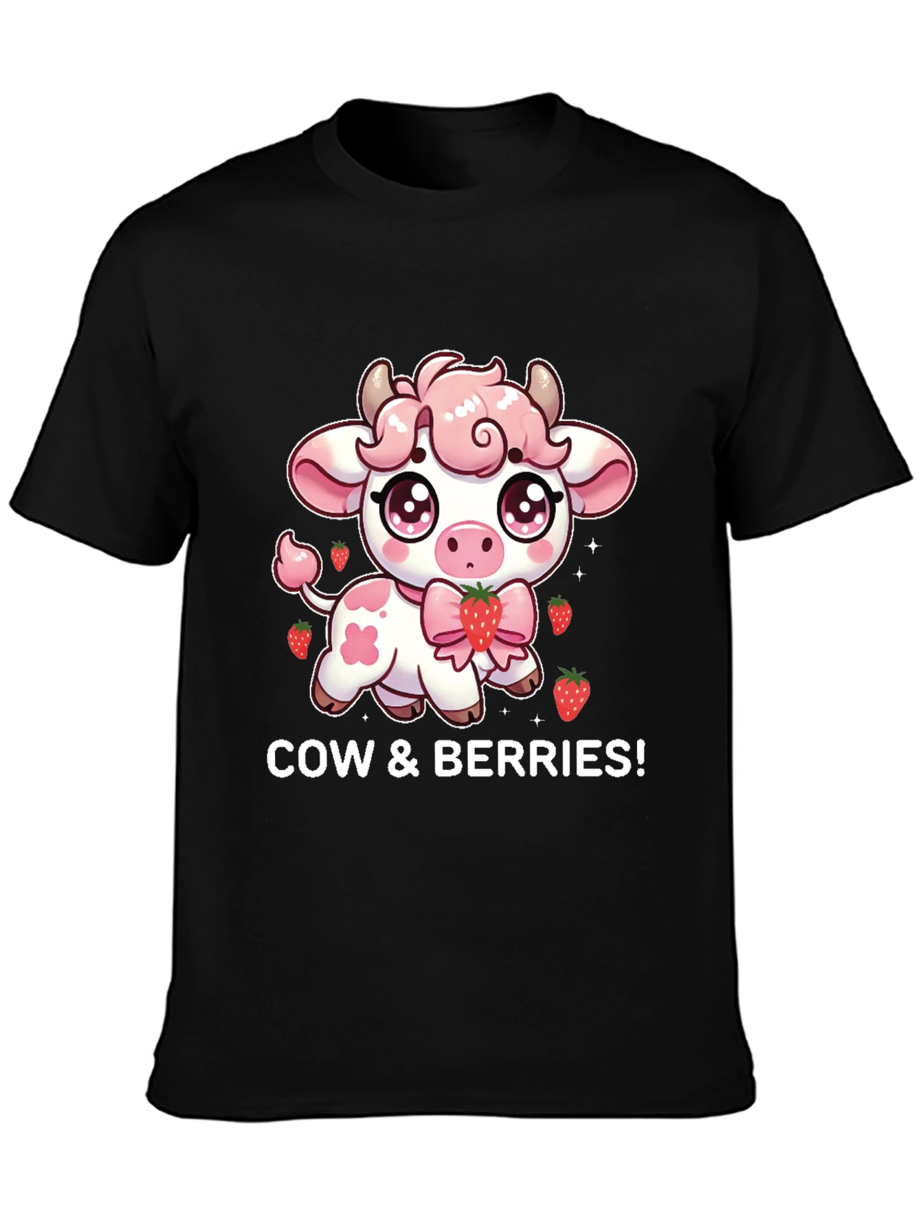 Cute Cow & Berries Black T-Shirt