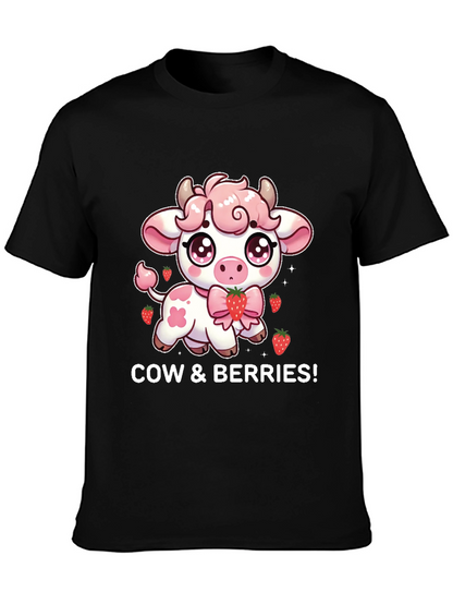 Cute Cow & Berries Black T-Shirt