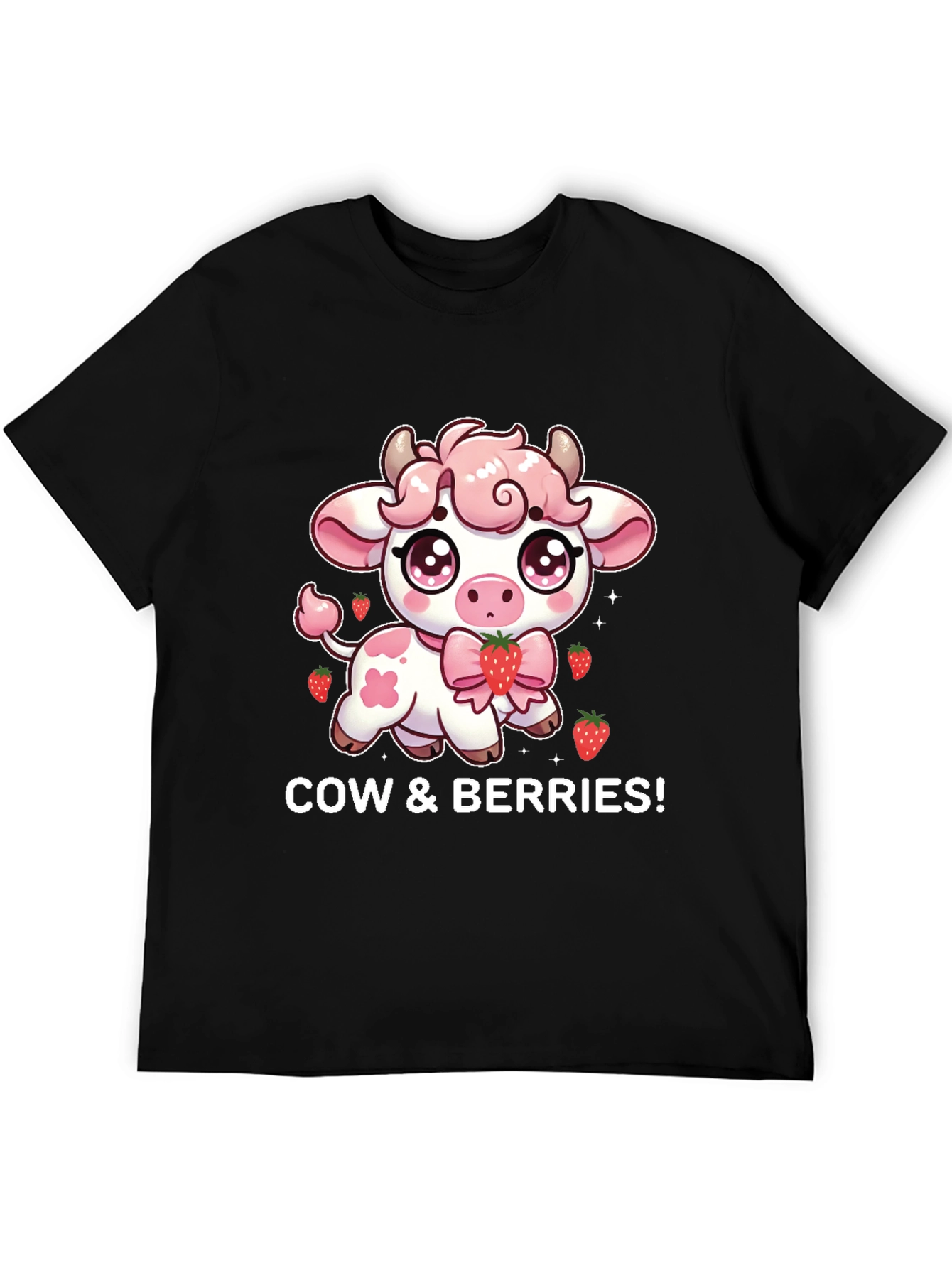 Cute Cow & Berries Black T-Shirt