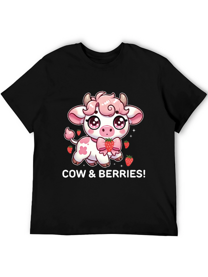 Cute Cow & Berries Black T-Shirt