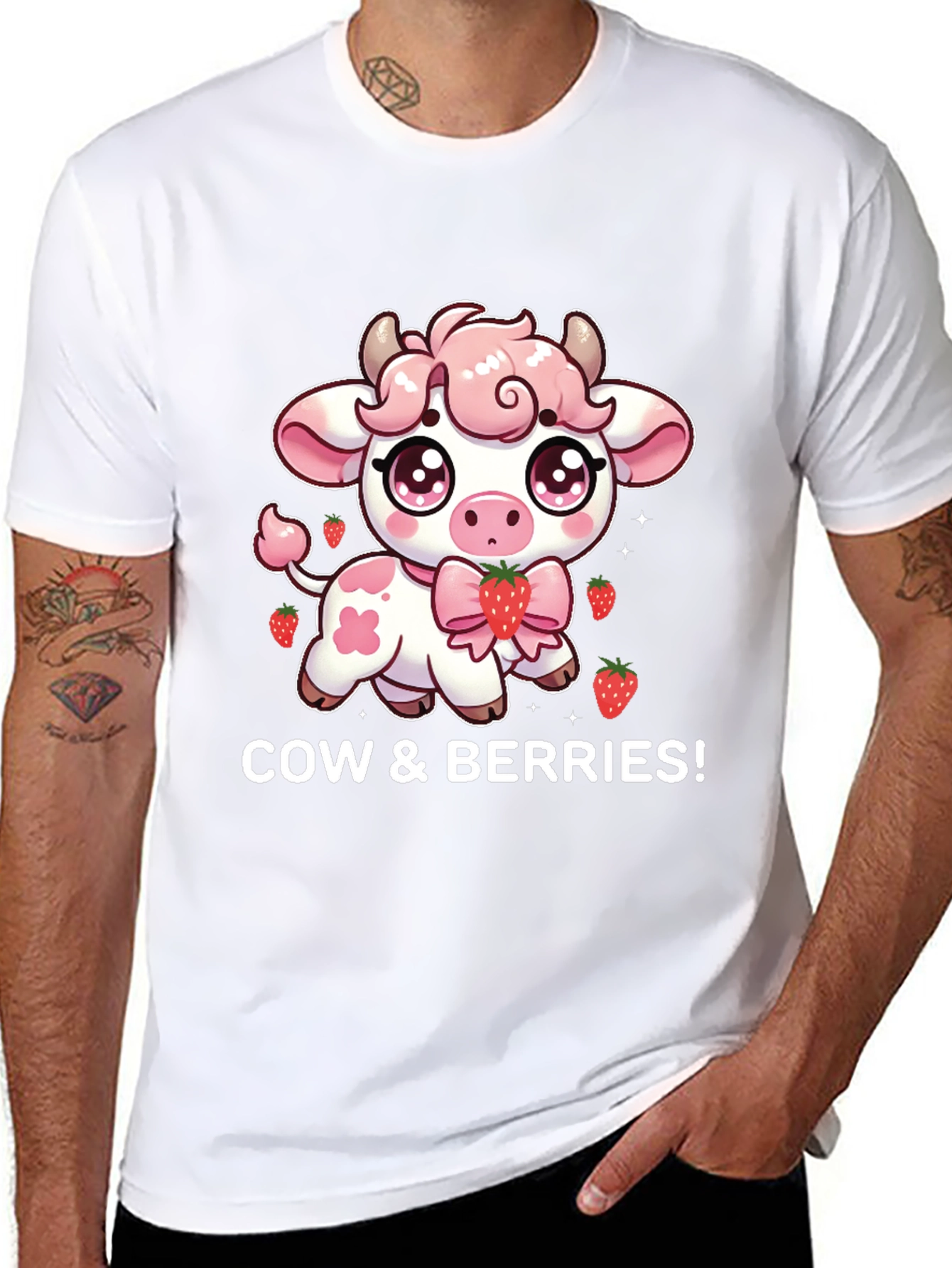 Cute Cow & Berries Black T-Shirt