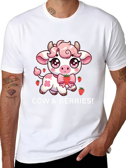 Cute Cow & Berries Black T-Shirt