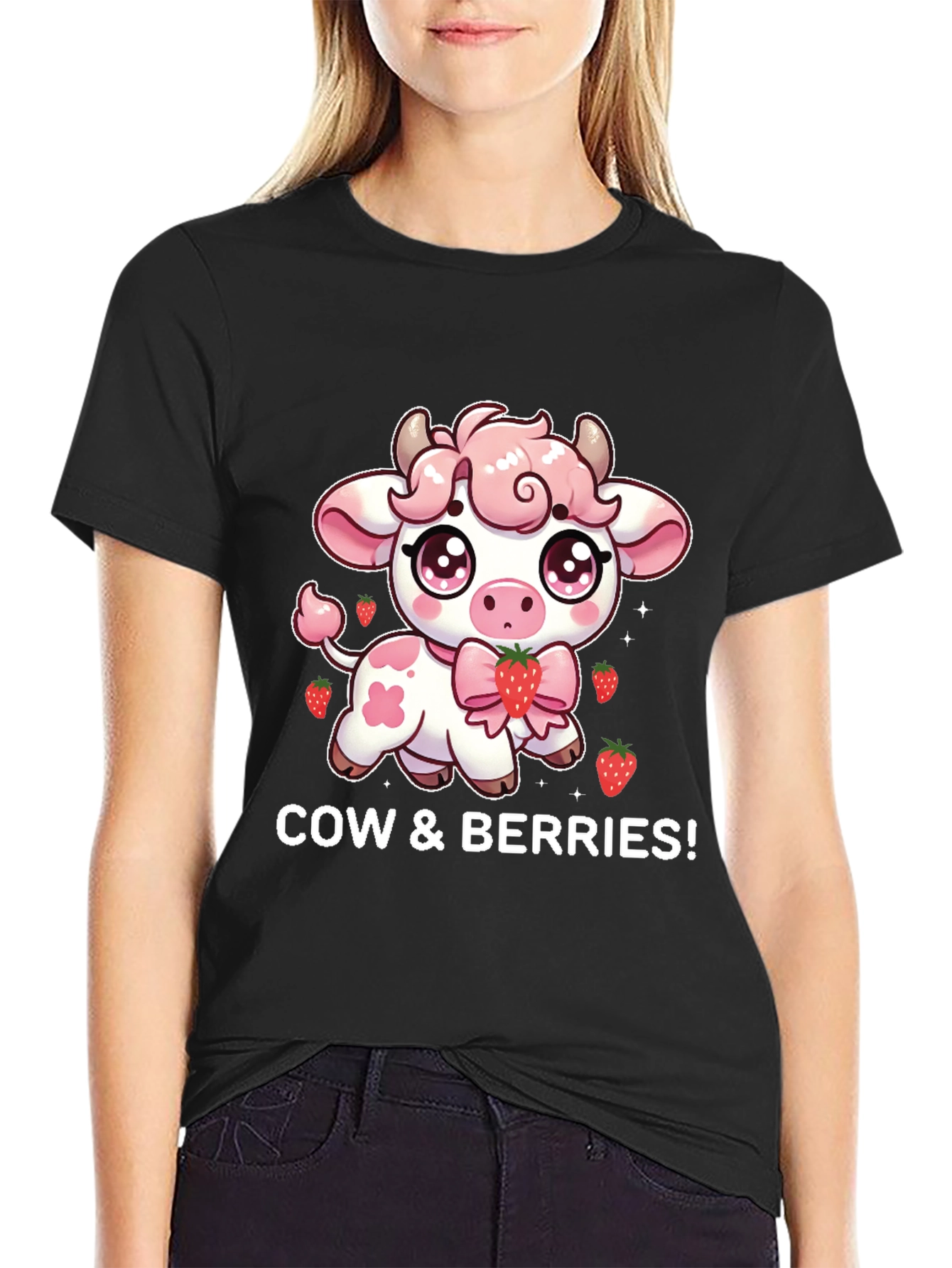 Cute Cow & Berries Black T-Shirt