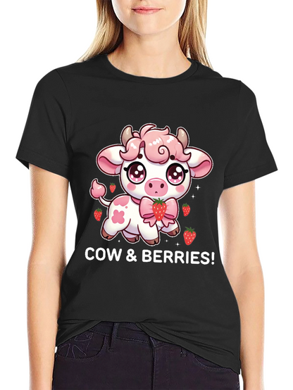 Cute Cow & Berries Black T-Shirt