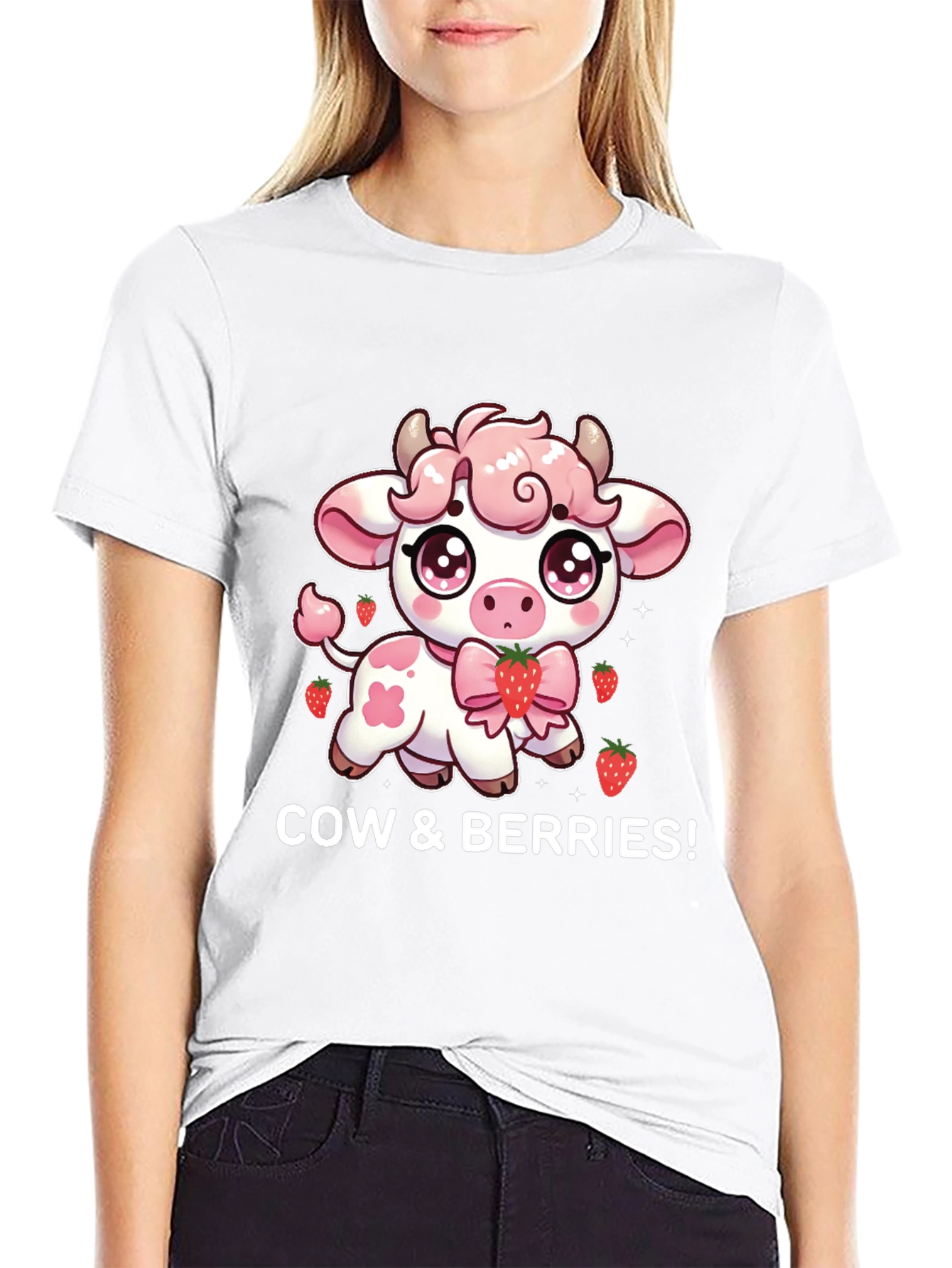 Cute Cow & Berries Black T-Shirt