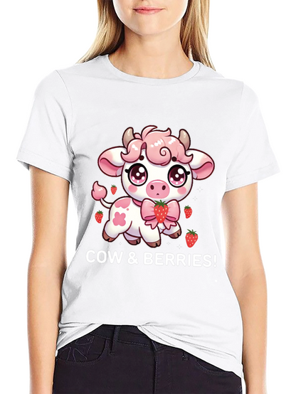 Cute Cow & Berries Black T-Shirt