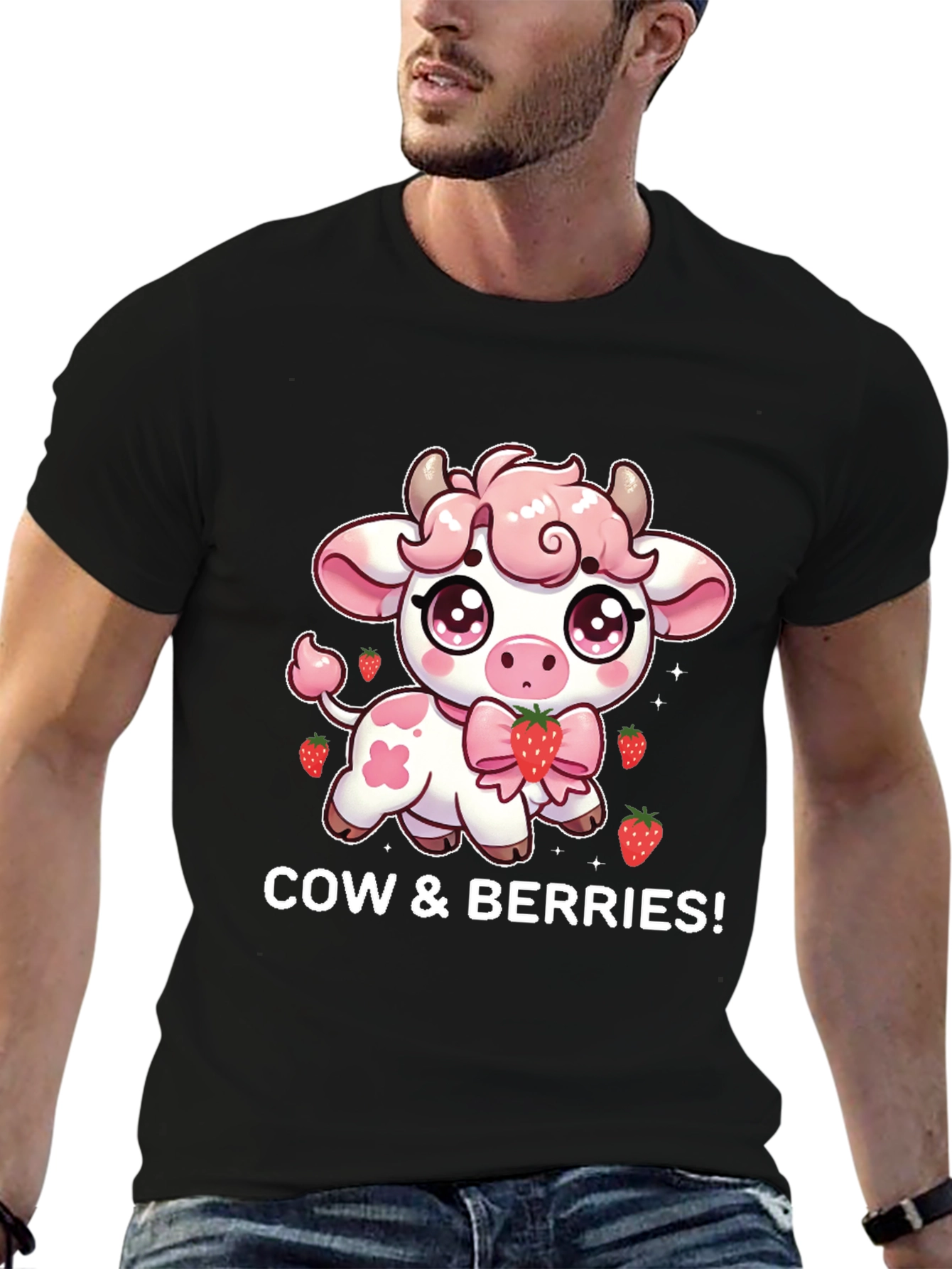 Cute Cow & Berries Black T-Shirt