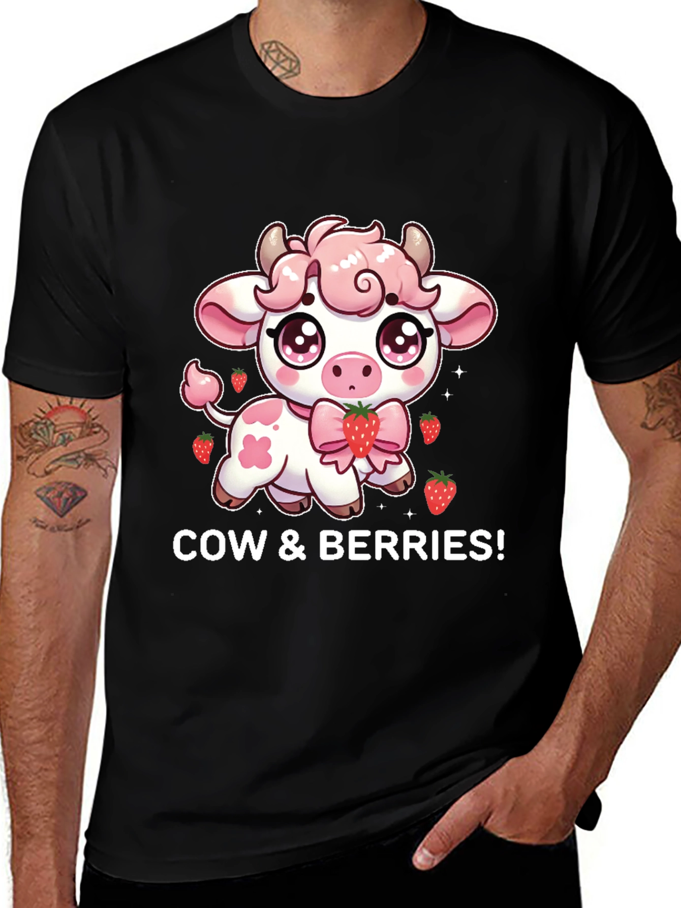 Cute Cow & Berries Black T-Shirt