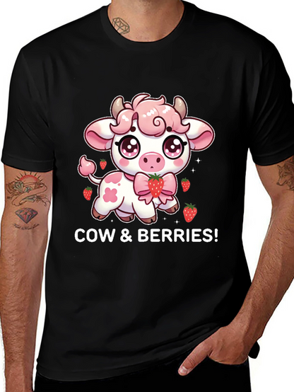 Cute Cow & Berries Black T-Shirt