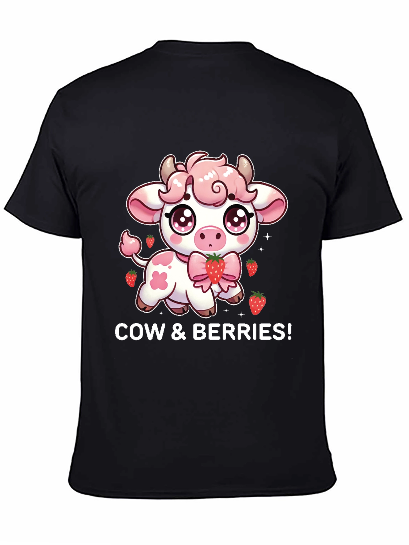 Cute Cow & Berries Black T-Shirt