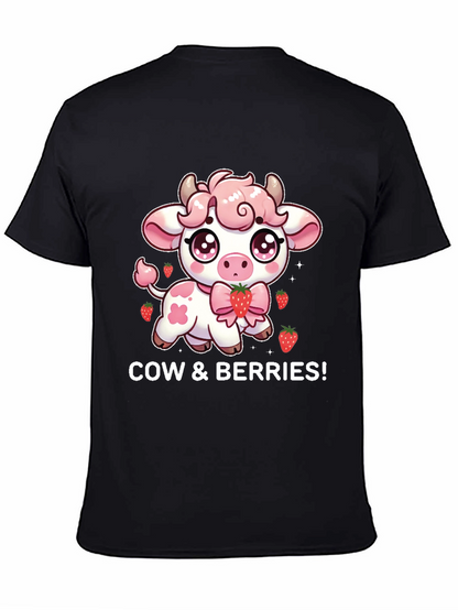 Cute Cow & Berries Black T-Shirt