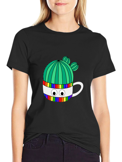 Cactus in Mug Graphic Tee - Stylish Black T-Shirt