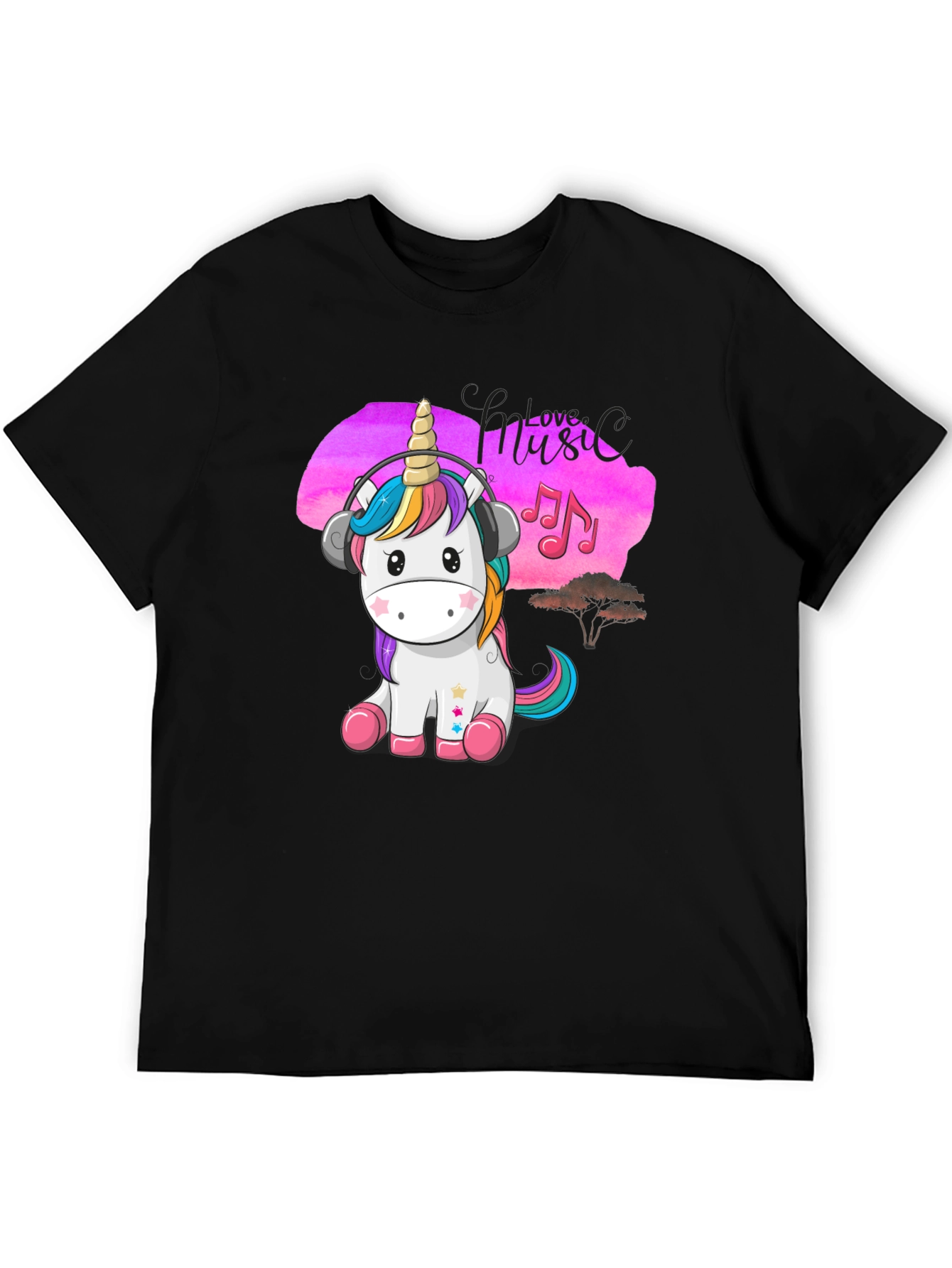 Cute Unicorn Music Lover Black T-Shirt