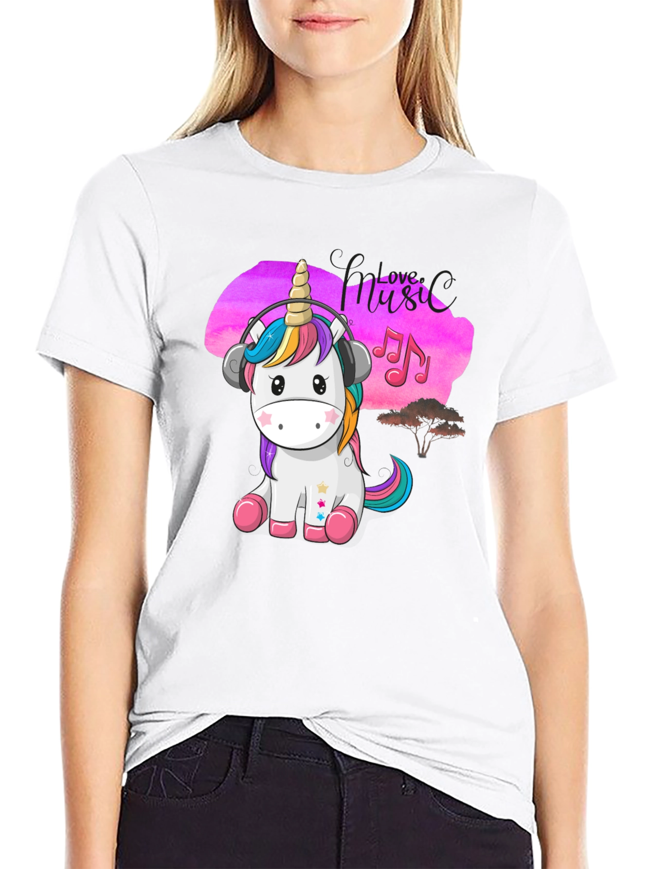 Cute Unicorn Music Lover Black T-Shirt