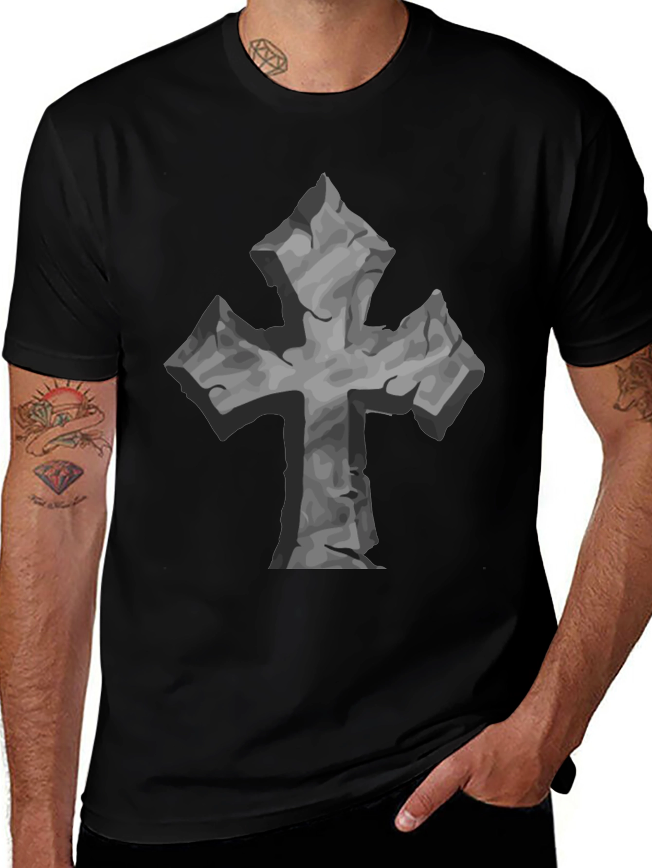 Stone Cross Graphic Tee - Black Casual T-Shirt